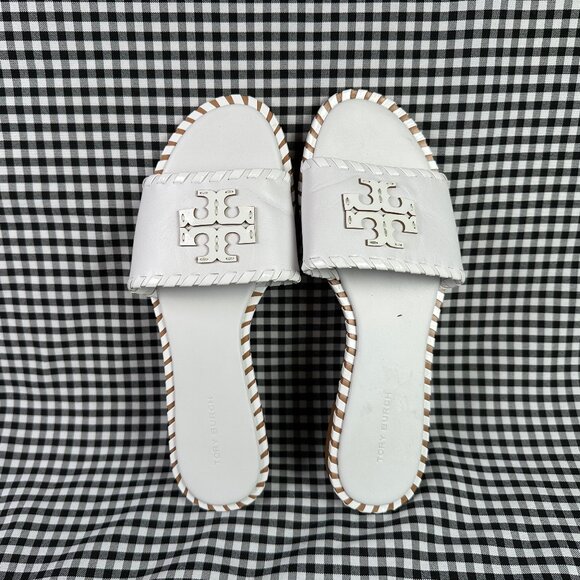 Tory Burch Calf Leather Everly Slide Sandals Optic White Logo Woven Size 7 - Picture 1 of 5